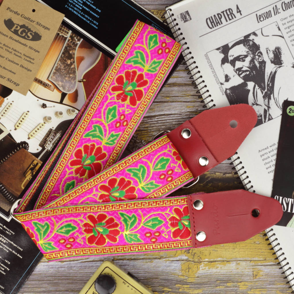 Pink flowers guitar strap for guitar and bass - Pardo Guitar Straps