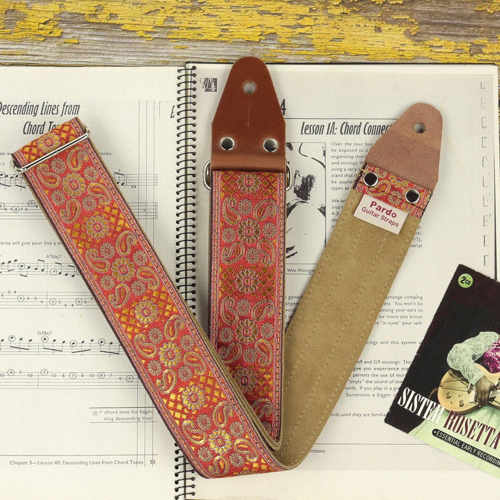 Pardo red orange guitar strap with backing suede