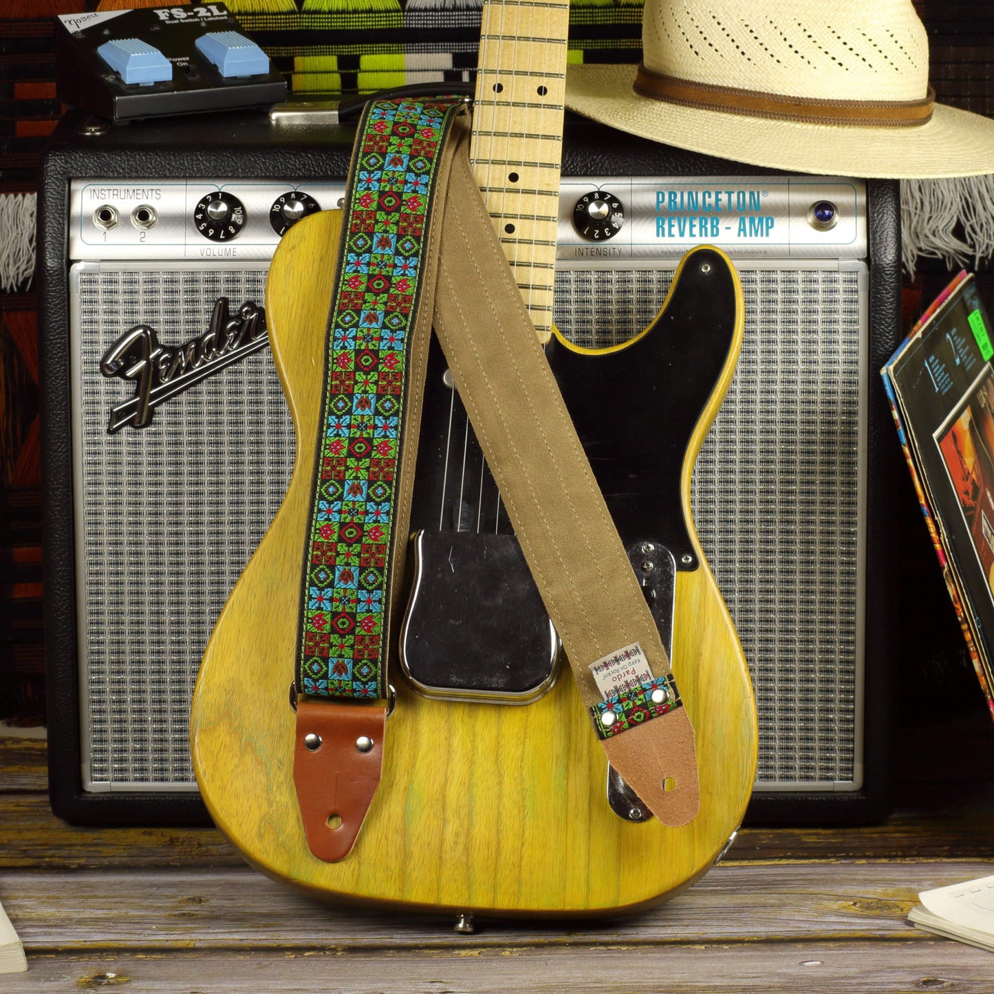 Retro guitar strap green hippie strap