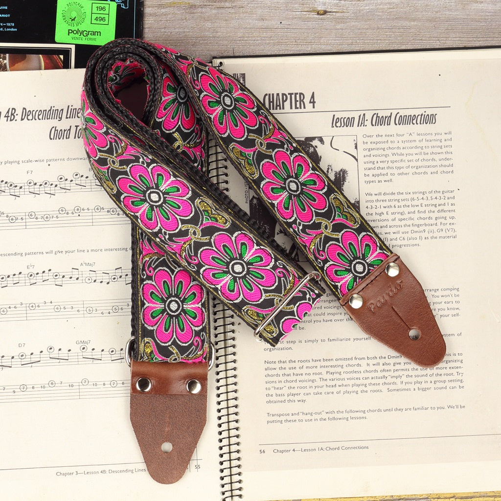 Spring floral guitar strap, with leather ends parts, and metal hardware- Premium jacquard pattern inspired in nature