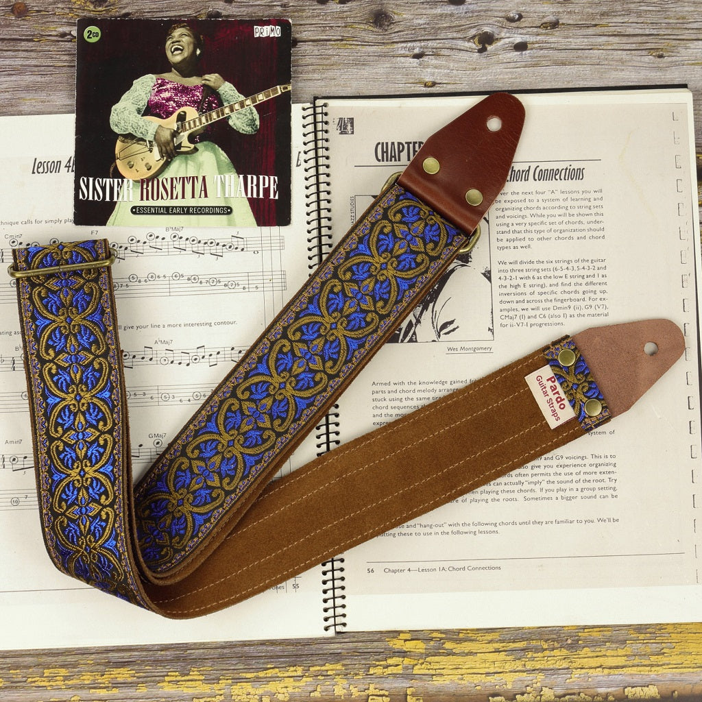 Pardo celtic blue guitar strap ethnic pattern with knots and intricate drawings