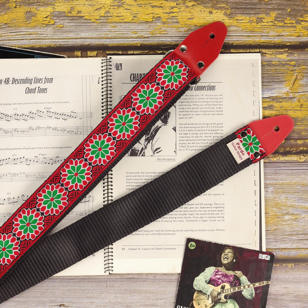 Seatbelt guitar strap Floral daisy red
