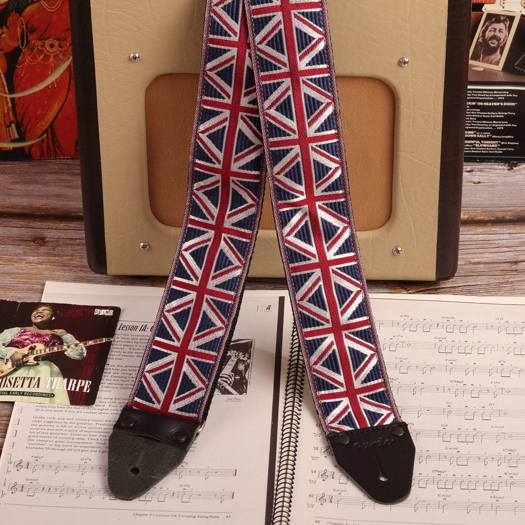 Union Jack guitar strap featured with a Fender Amp Champion 600, combining style and sound