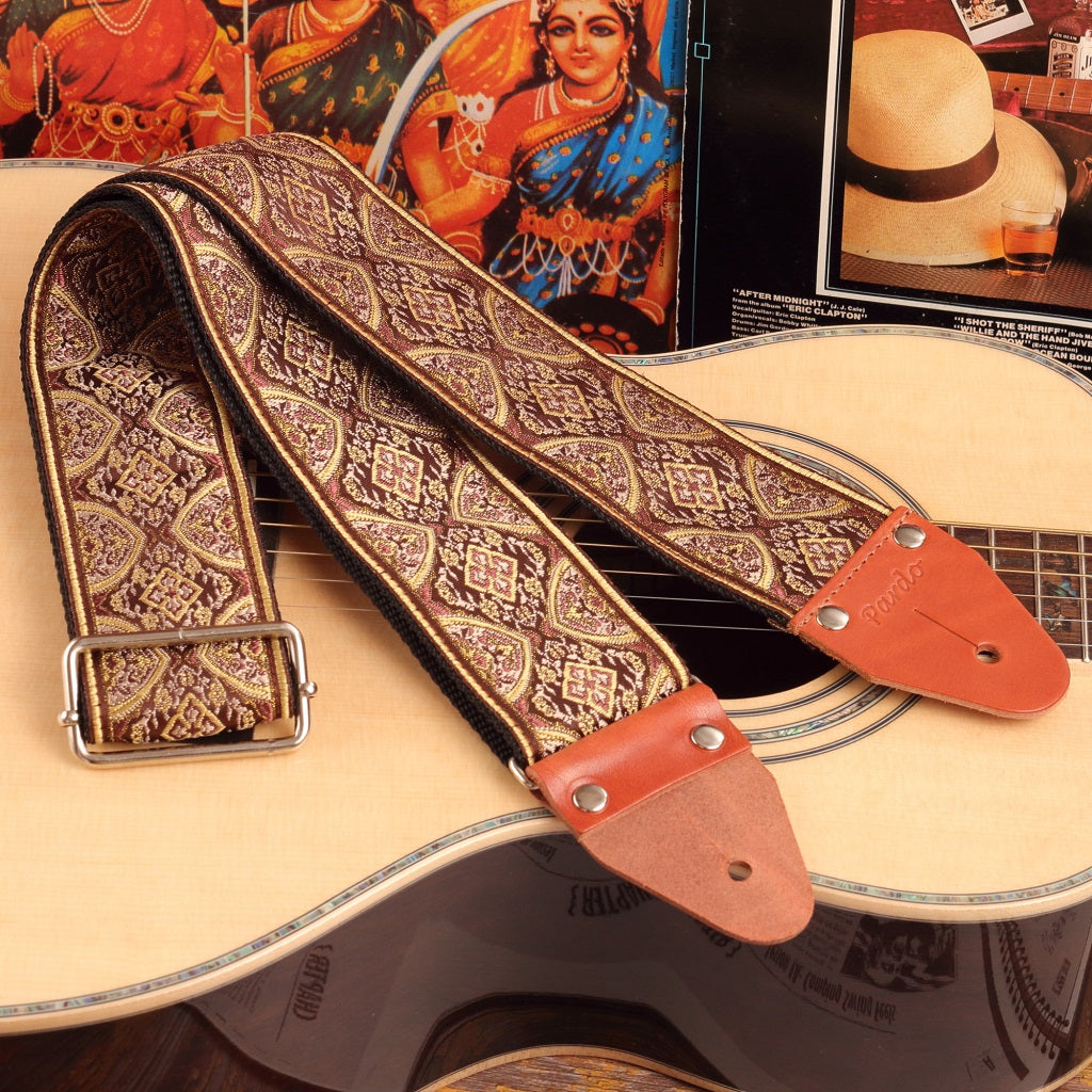 wide Guitar strap for better comfort and grip - hippie style - paired with an acoustic parlor guitar