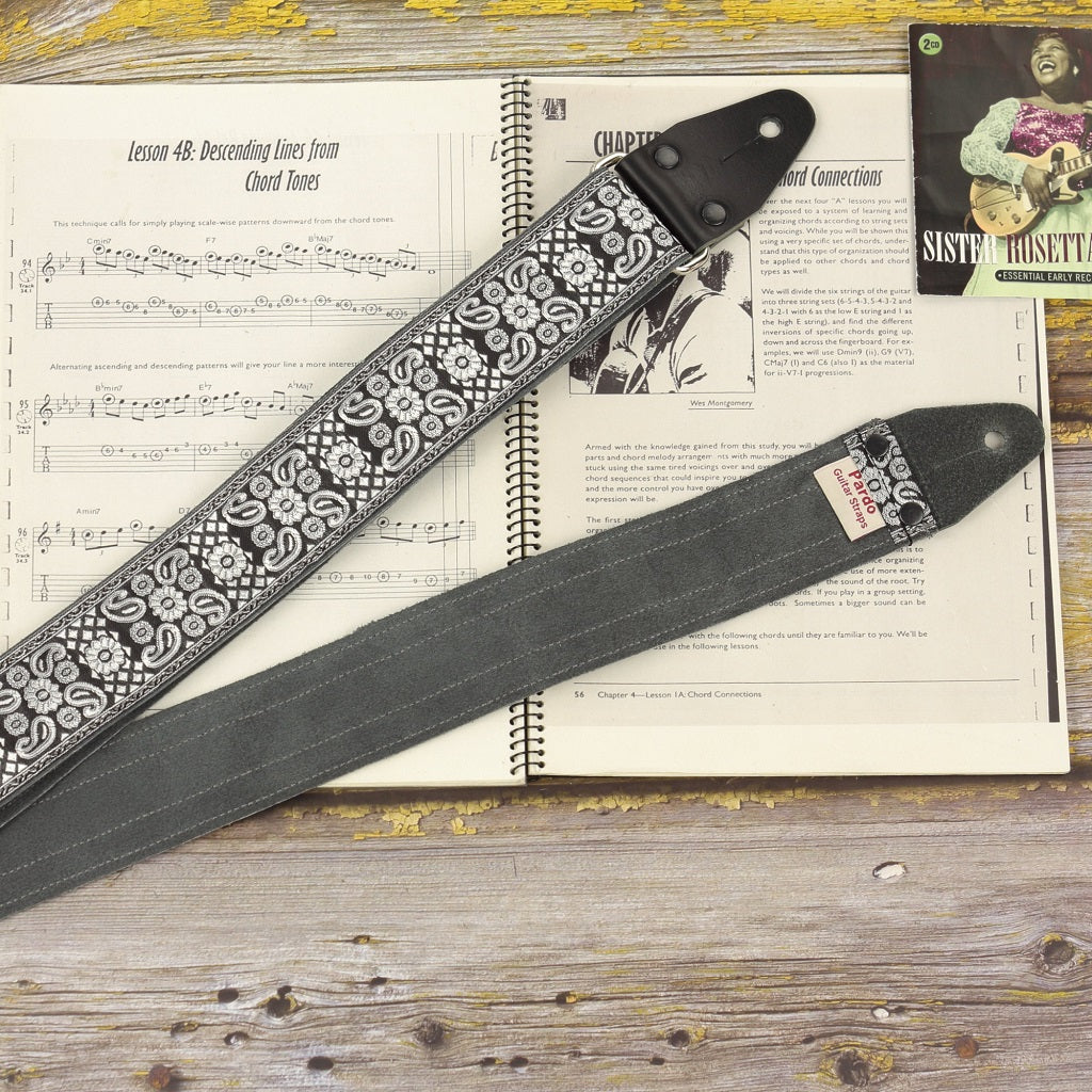 guitar strap black Spirals with backing gray suede
