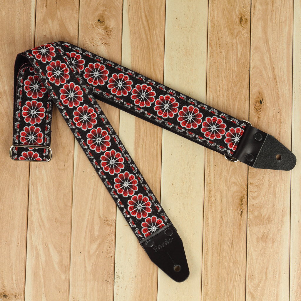 70 inch flowers guitar strap black red