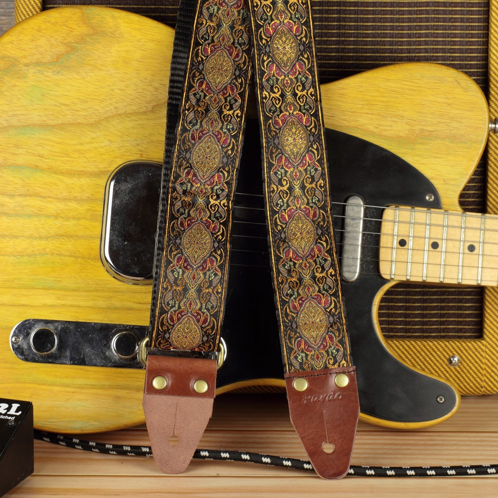 70 inch long guitar strap brown hippie weave guitar strap with a Fender Telecaster