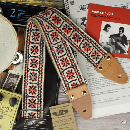 long Strap embroidered guitar Strap model Red And white pueblo