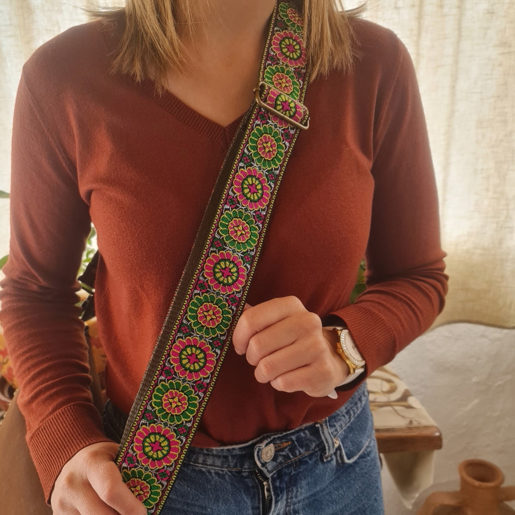 Green and Rose Model, purse guitar Strap with flowers
