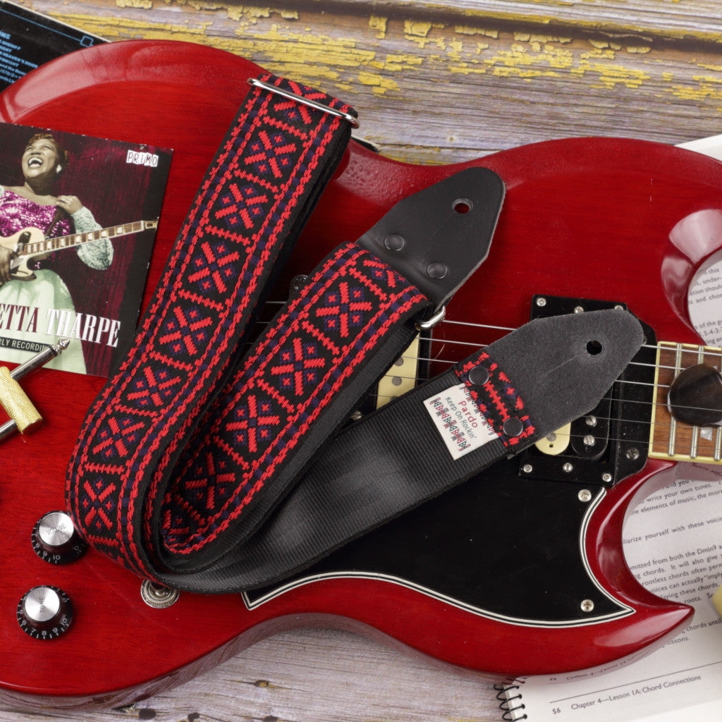 embroidered long guitar Strap embroidered model Red And Black pueblo