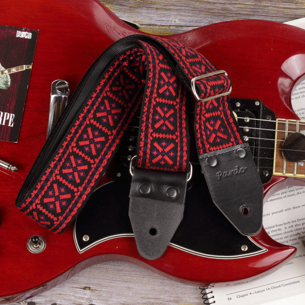 70 inch embroidered long guitar Strap embroidered model Red And Black pueblo