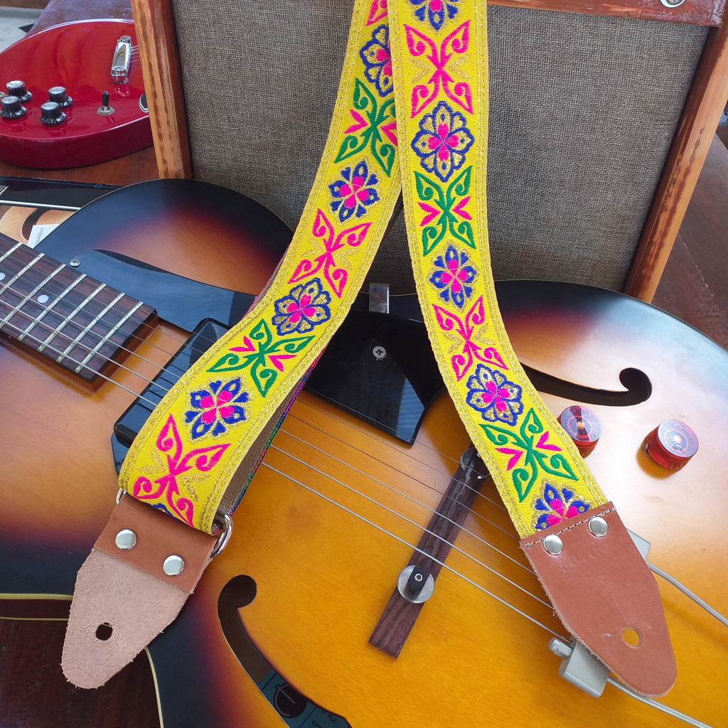 Extra long guitar strap ethnic yellow strap for guitar and bass
