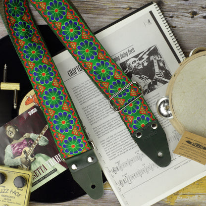 Daisy green, Hippie guitar strap with floral pattern