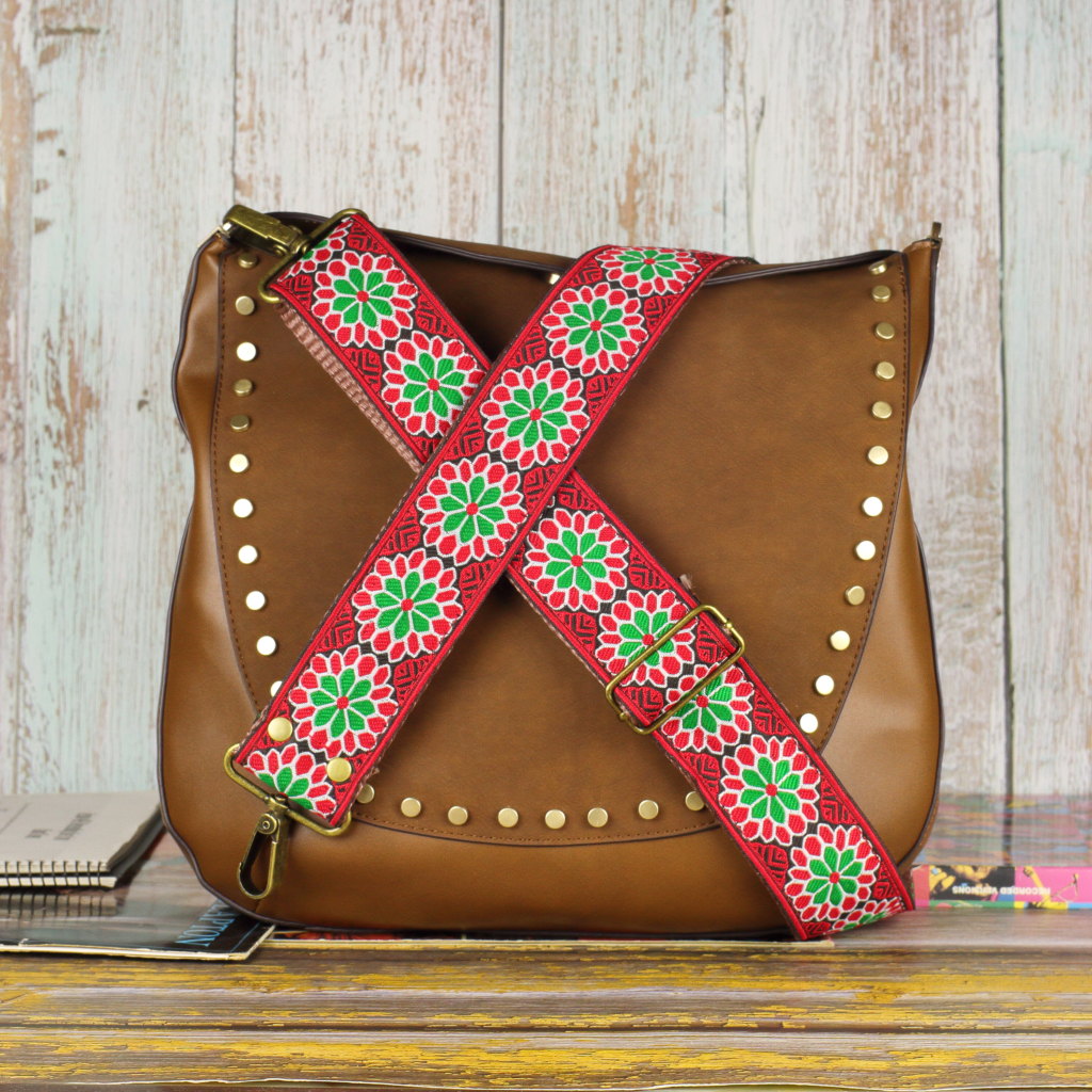 Model July,  guitar strap for purse and handbag, with red colors and green colors