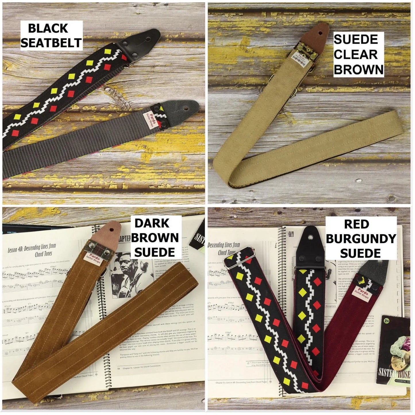 Customizable backing options for the George Harrison guitar strap, including suede and seatbelt materials