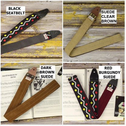 Customizable backing options for the George Harrison guitar strap, including suede and seatbelt materials