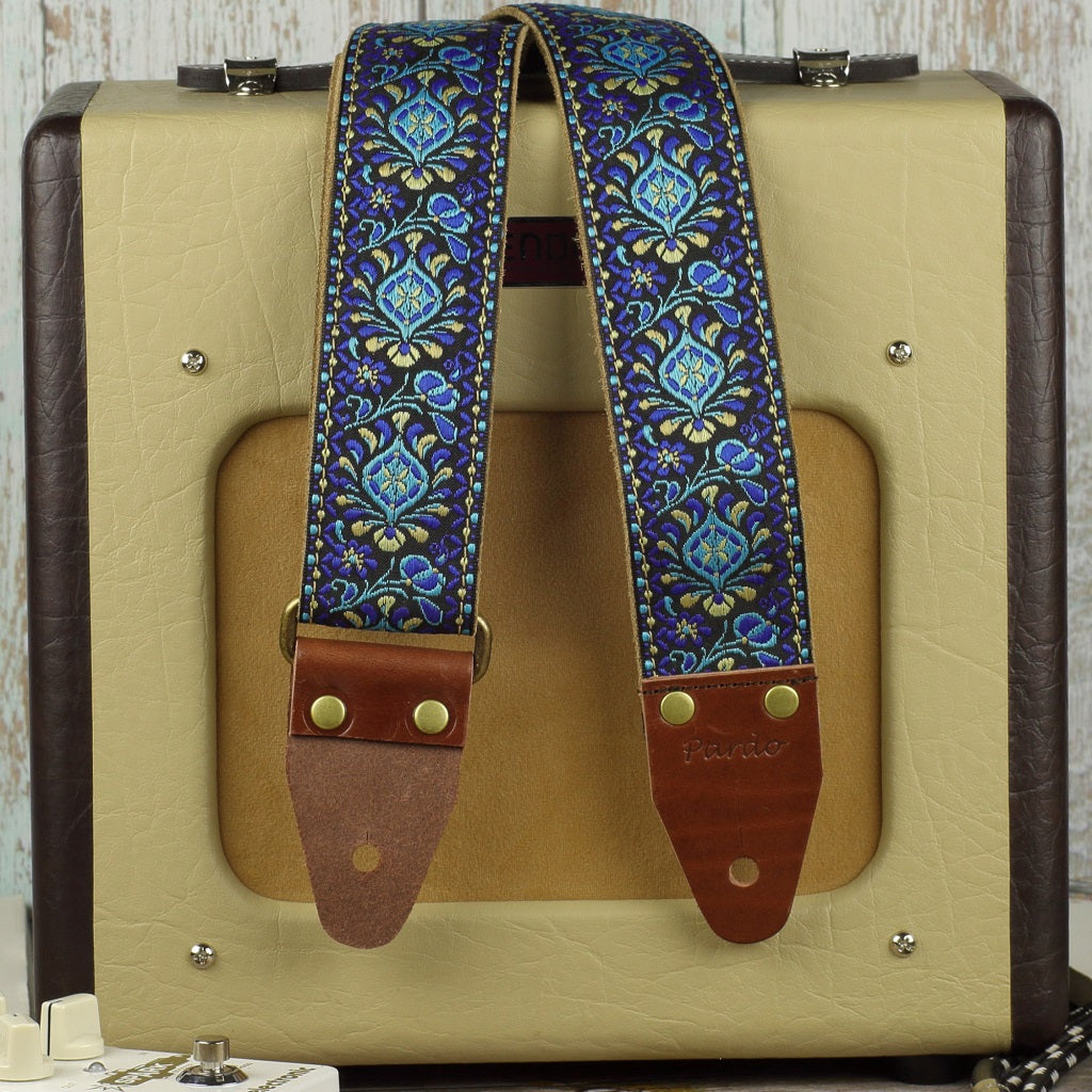 Best guitar strap blue embroidered hippie pattern