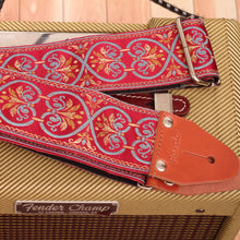 Close-up showing the intricate red and blue interlaced jacquard fabric