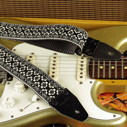 Ethnic guitar strap embroidered black and white