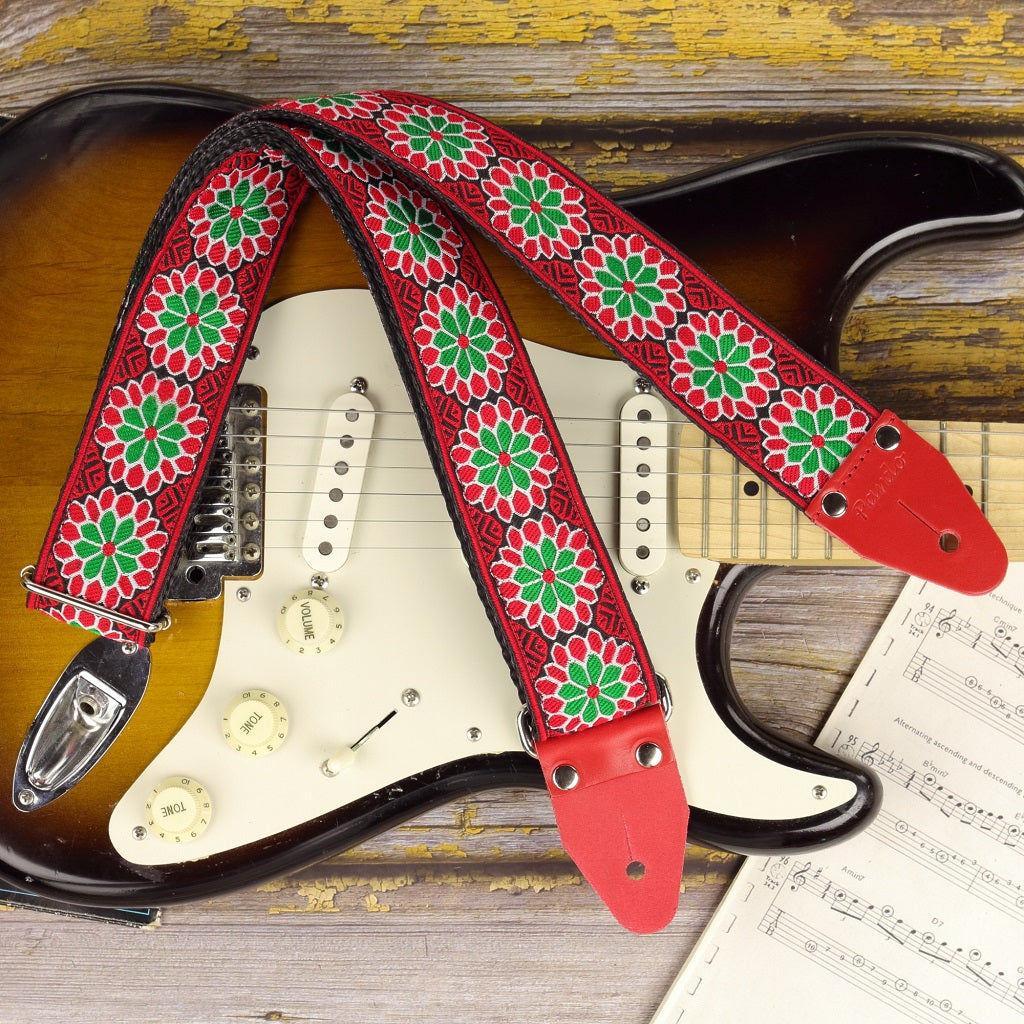 Floral hippie guitar strap Daisy Red