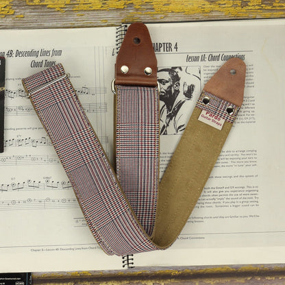 Glen plaid red guitar strap with backing suede
