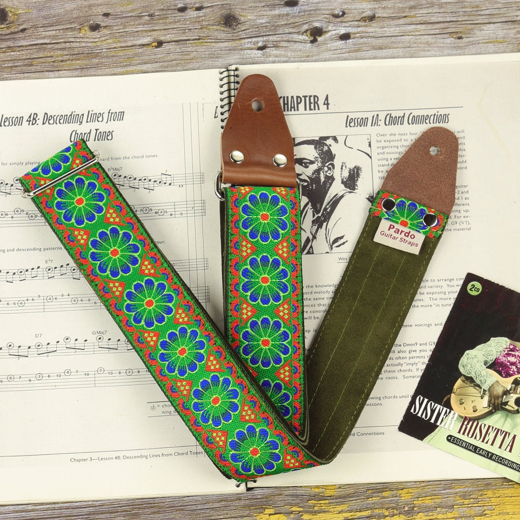 Green floral guitar strap backing suede