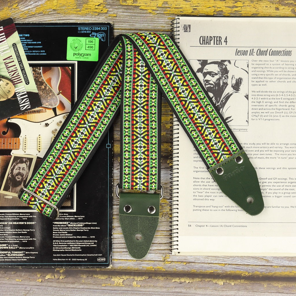 Green hootennany guitar strap with sixties pattern