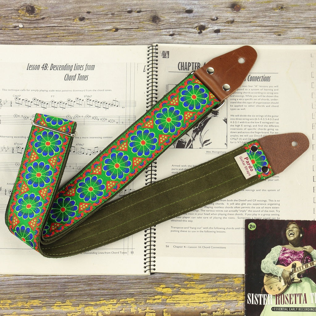Pardo Guitar strap green flowers with backing suede model Daisy Green