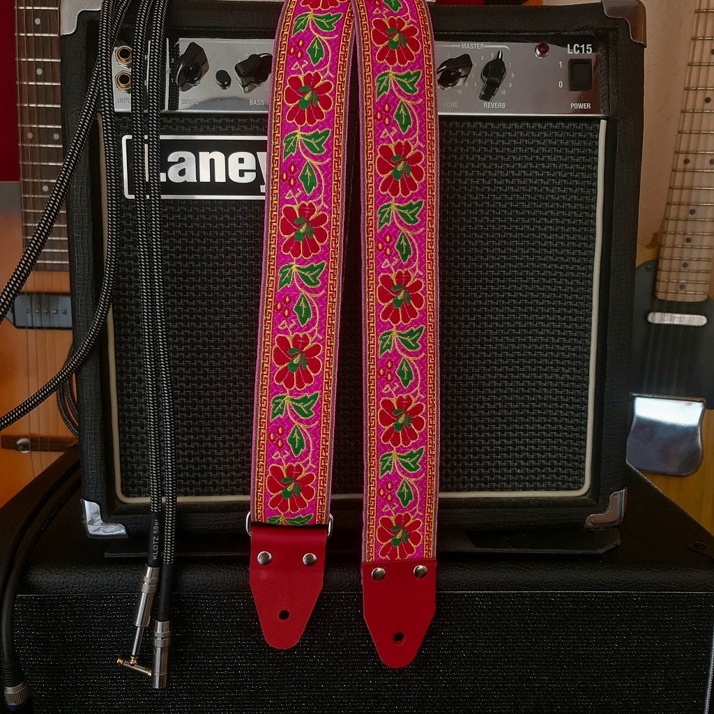 Guitar strap pink flowers