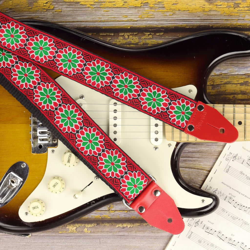 Guitar strap with Red Flowers Daisy red