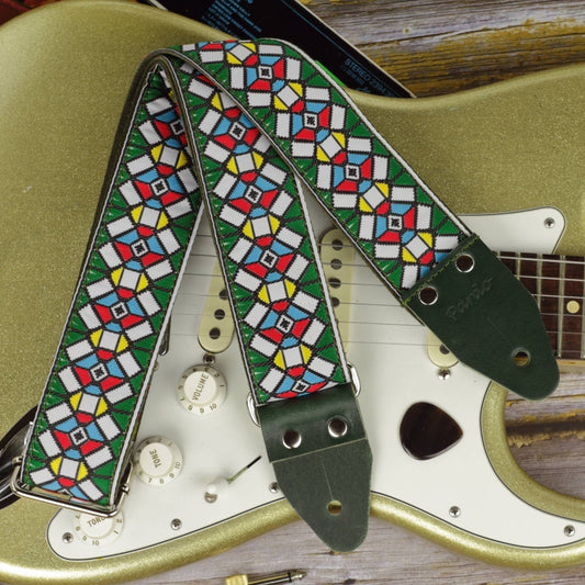 Pardo model Green Wight Hendrix guitar strap with a fender stratocaster