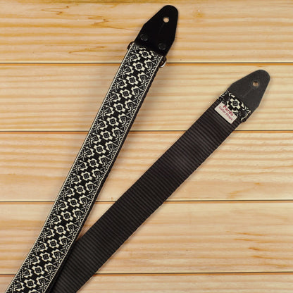 indigenous guitar strap embroidered black white