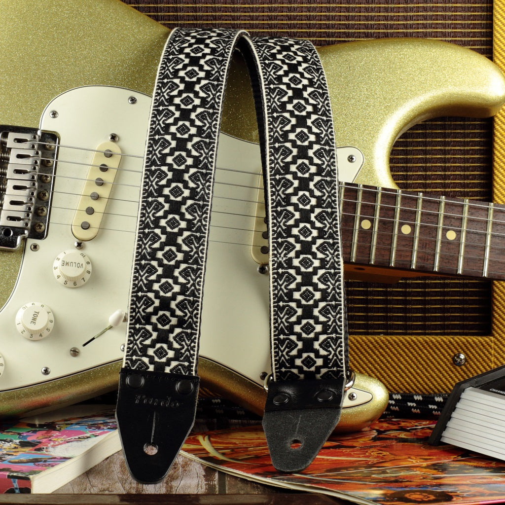 Leather embroidered guitar strap, Gift guitarist, Black/White guitar strap, Electric Acoustic strap, factory Gift for him - Paloma Black/White PLG2