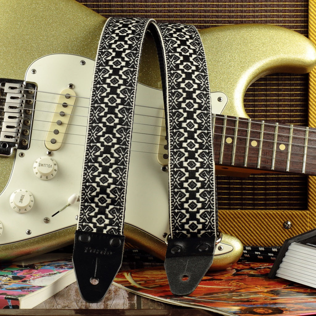 Native guitar strap embroidered fabric black and white