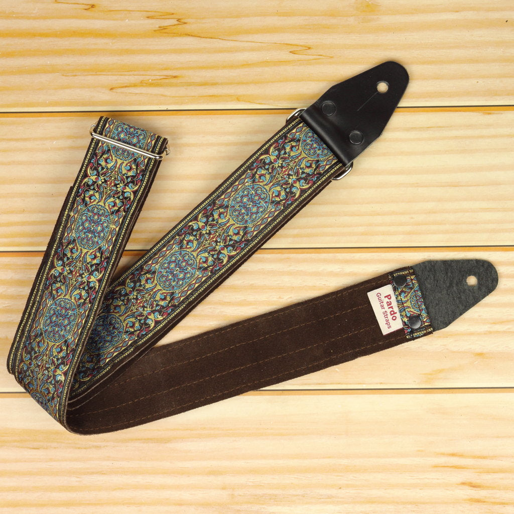 Pardo blue hippie guitar strap with backing brown suede