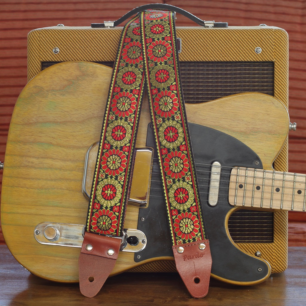 Pardo floral guitar strap model Orange flowers Handmade guitar strap hippie