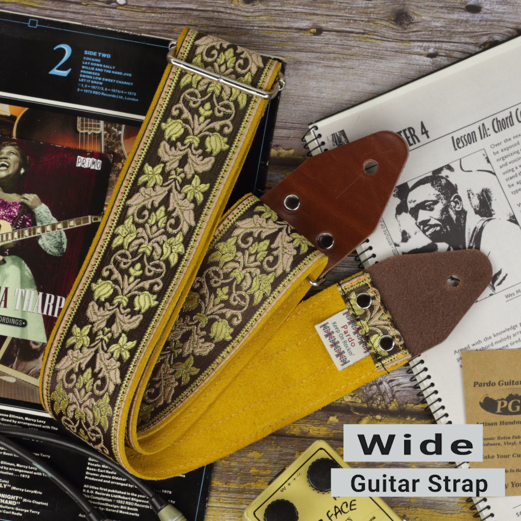 Pardo wide brown guitar strap with backing mustard suede Brownbells