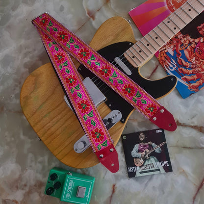 Pink floral guitar strap