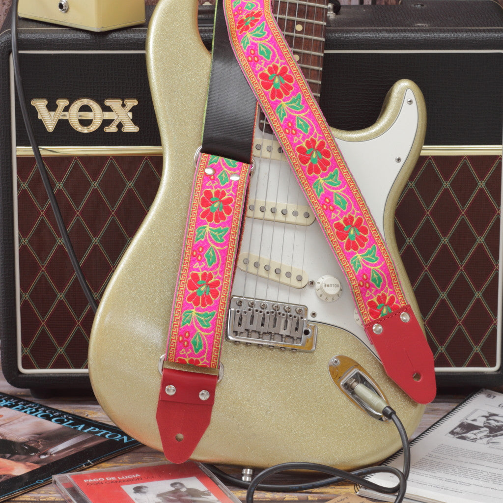 Pink flowers guitar strap