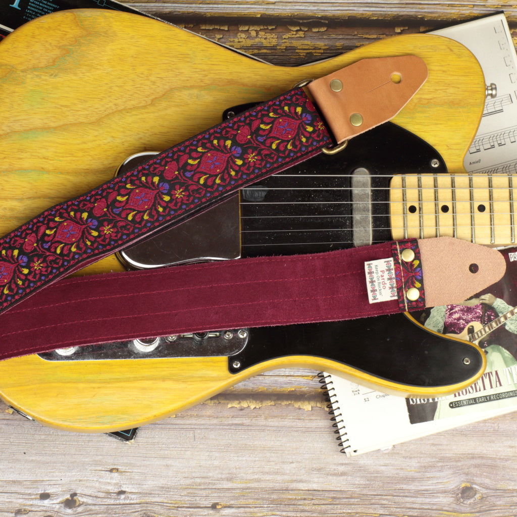 Red bohemian guitar strap with a Fender Telecaster 52