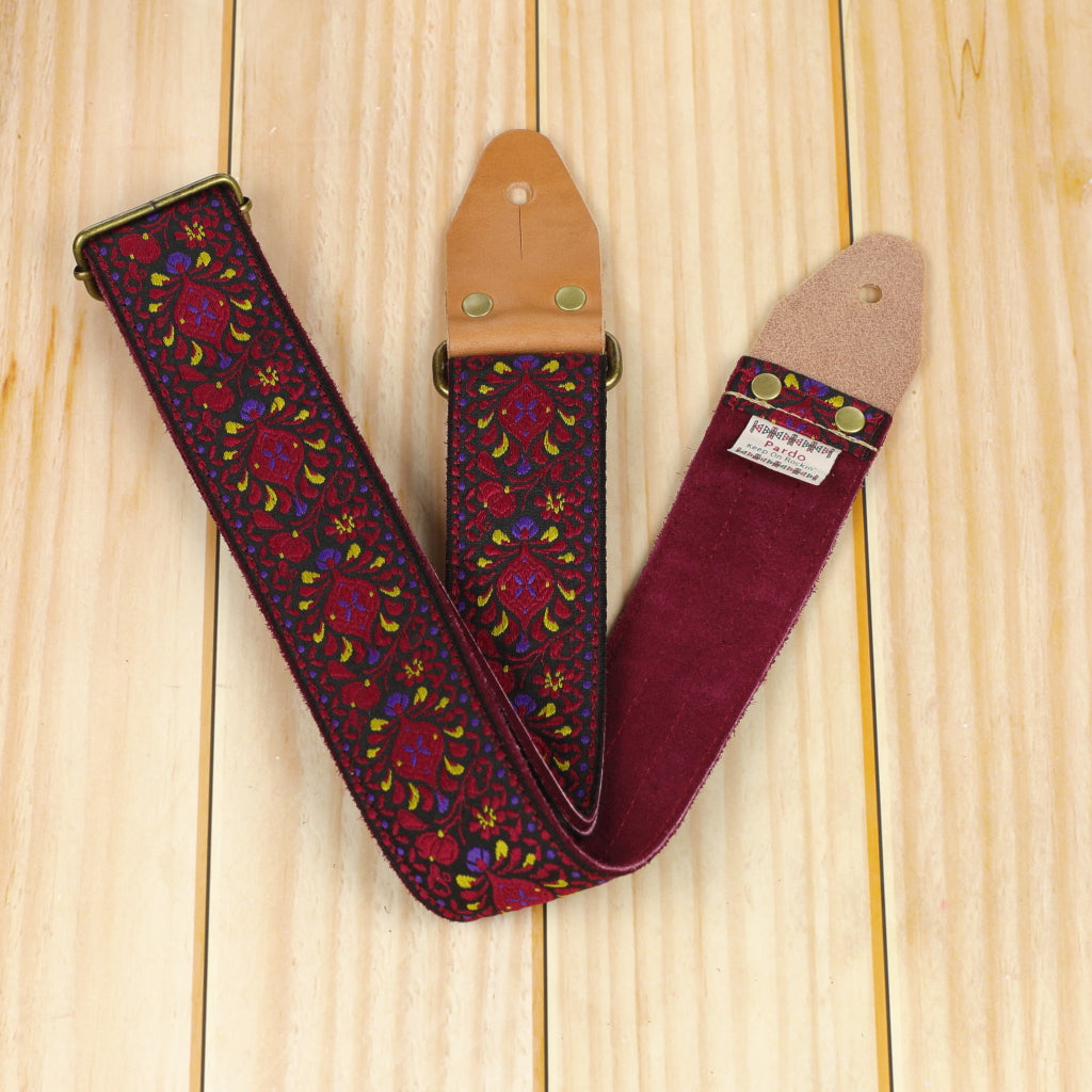 Red bohemian guitar strap with backing red burgundy suede