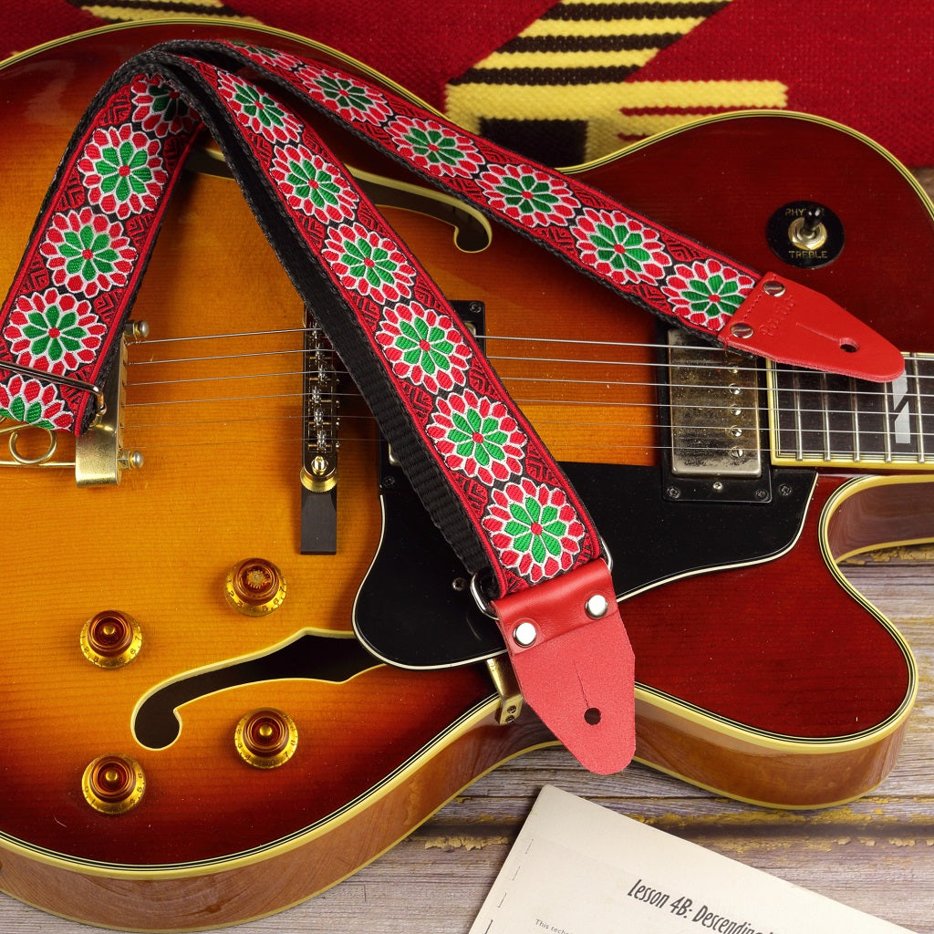 Red Daisy guitar strap floral patterned