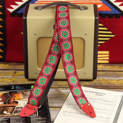 Red guitar strap with floral pattern Daisy red