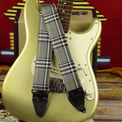 Tartan plaid guitar strap black and white retro