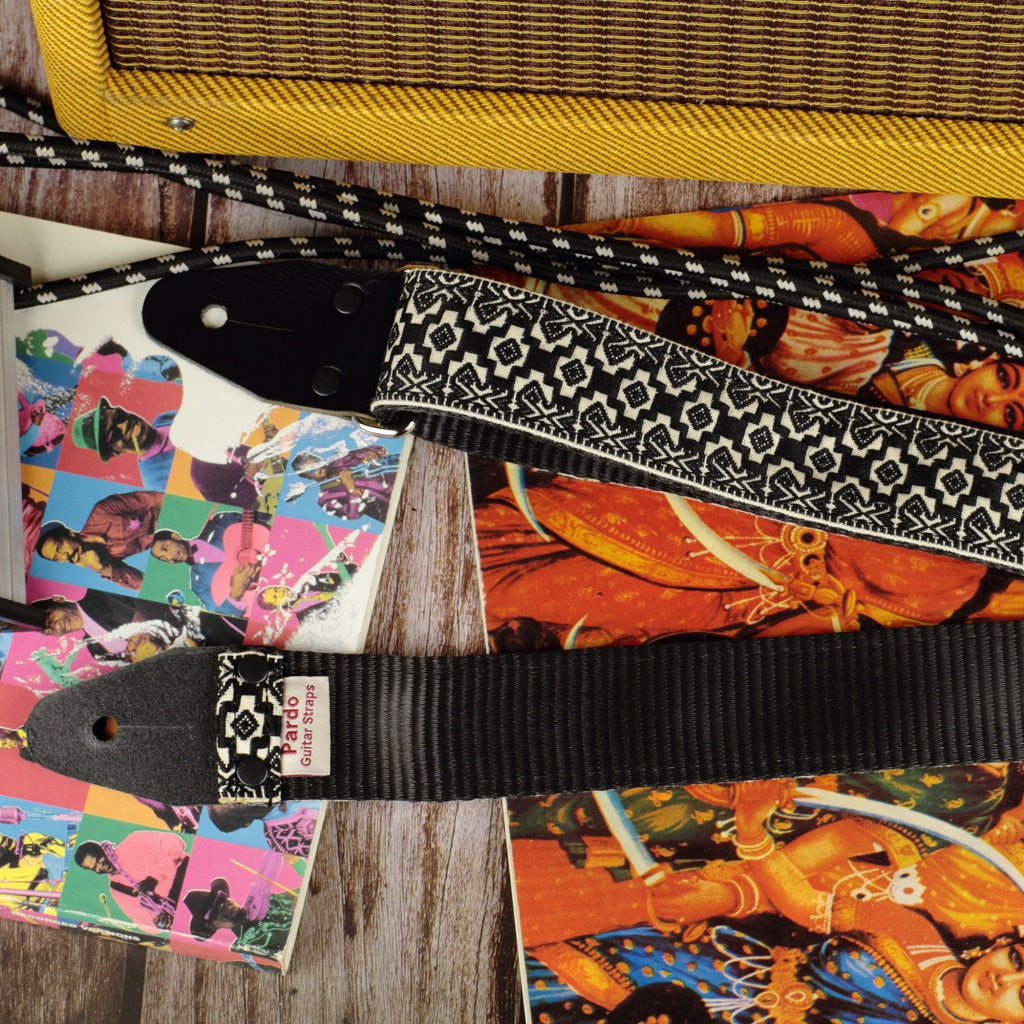 tribal guitar strap embroidered black white