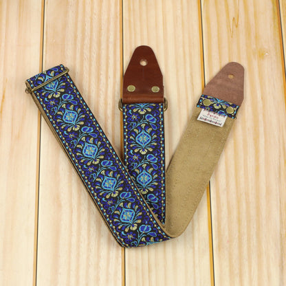 Vintage guitar strap embroidered blue pattern