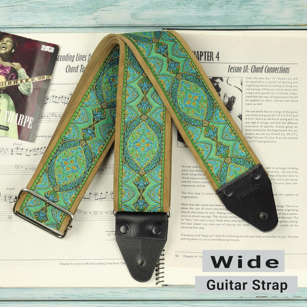Wide hippie guitar strap vintage green Pardo Strap model Green Mountain