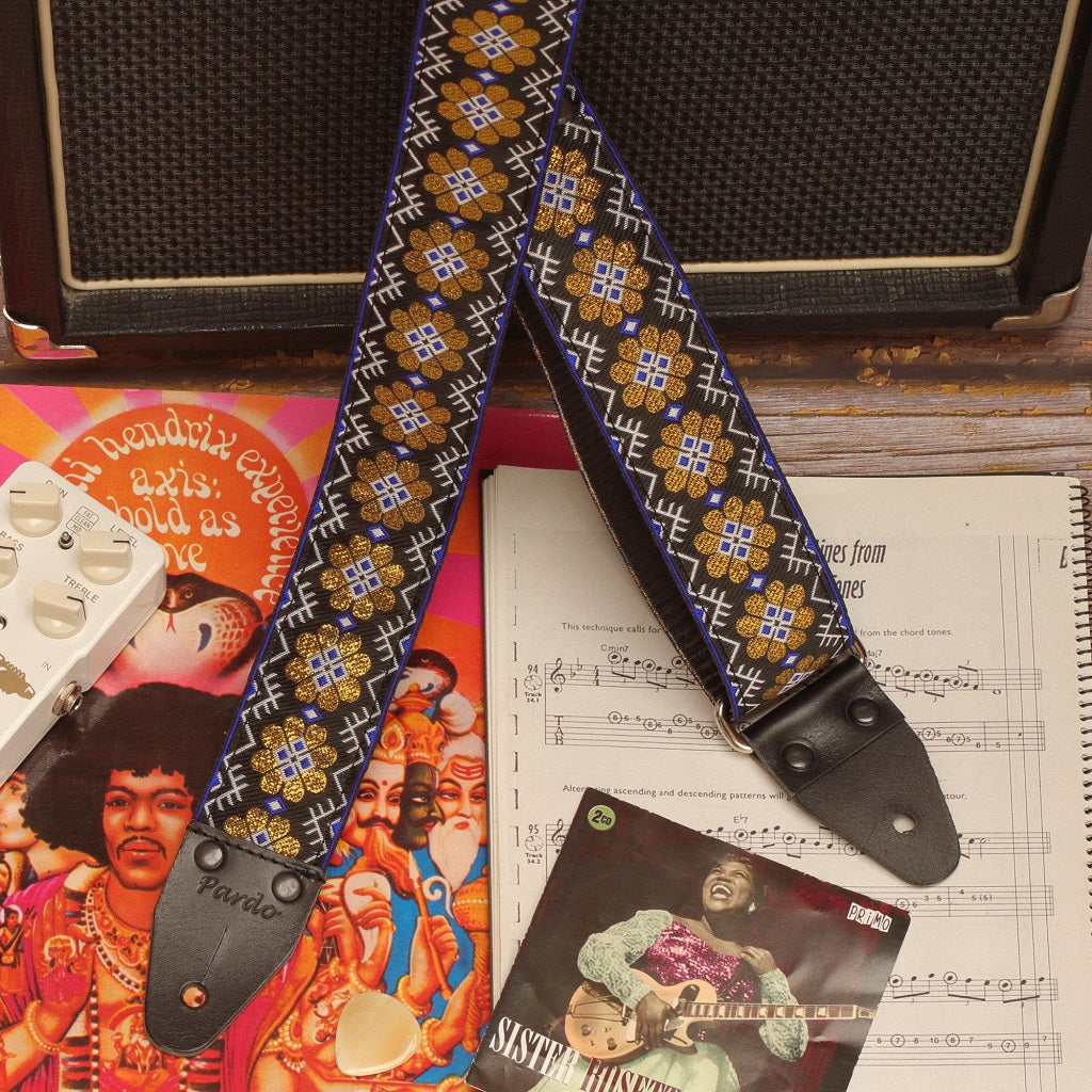 woven guitar strap Flowers Daisy Gold