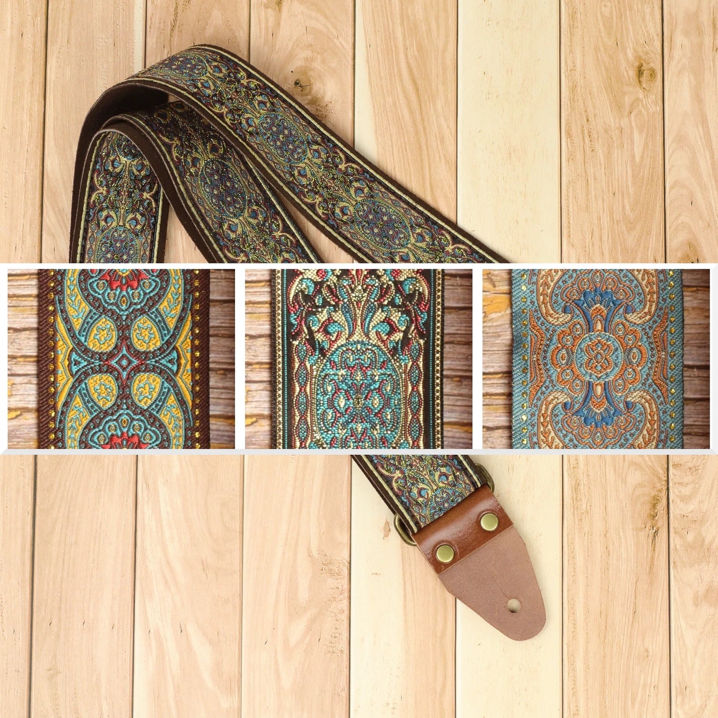 Blue Garden guitar strap featured alongside a collage showing the three Azure Rhapsody designs: Blue Lake, Blue Garden and Blusie.