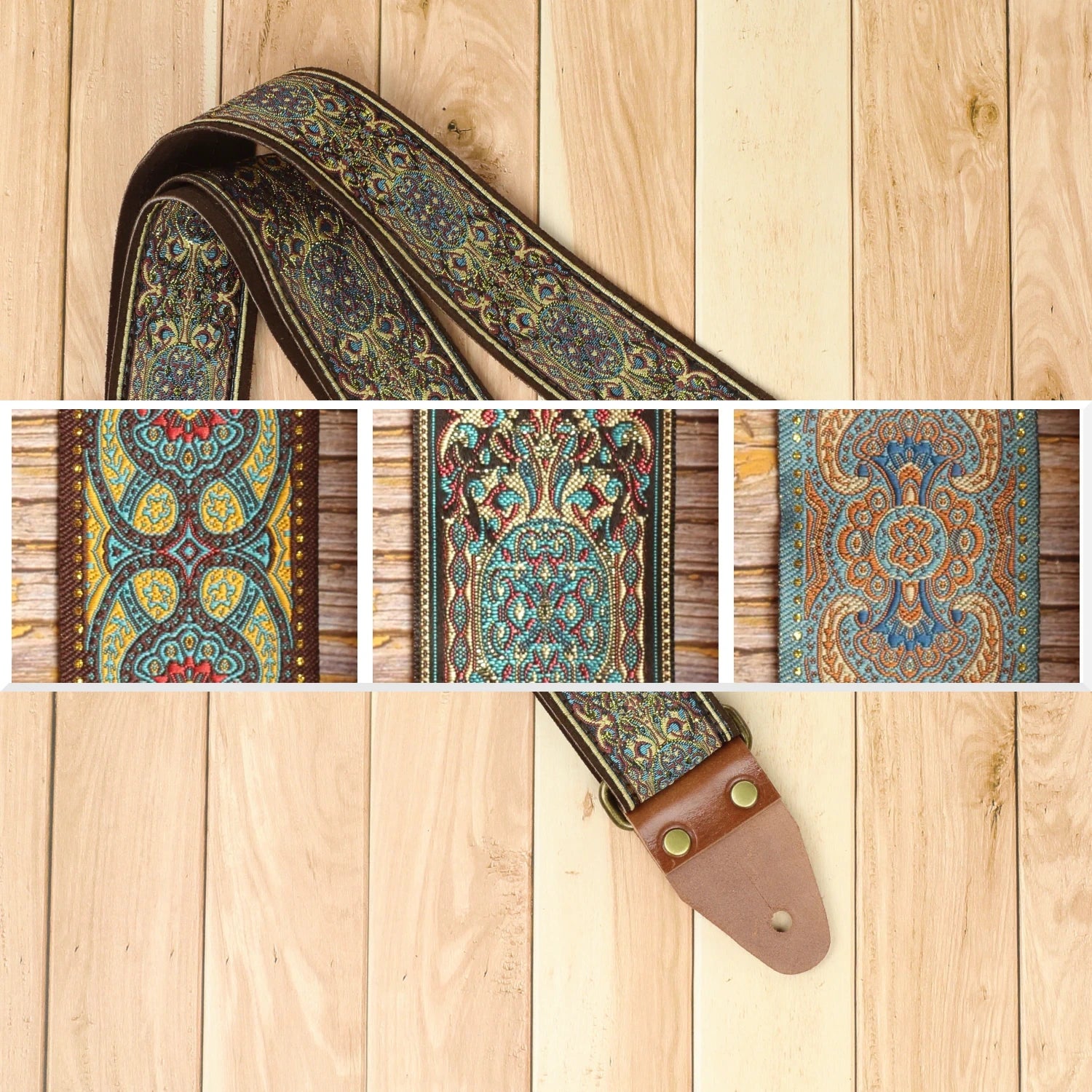 Blue Garden guitar strap featured alongside a collage showing the three Azure Rhapsody designs: Blue Lake, Blue Garden and Blusie.